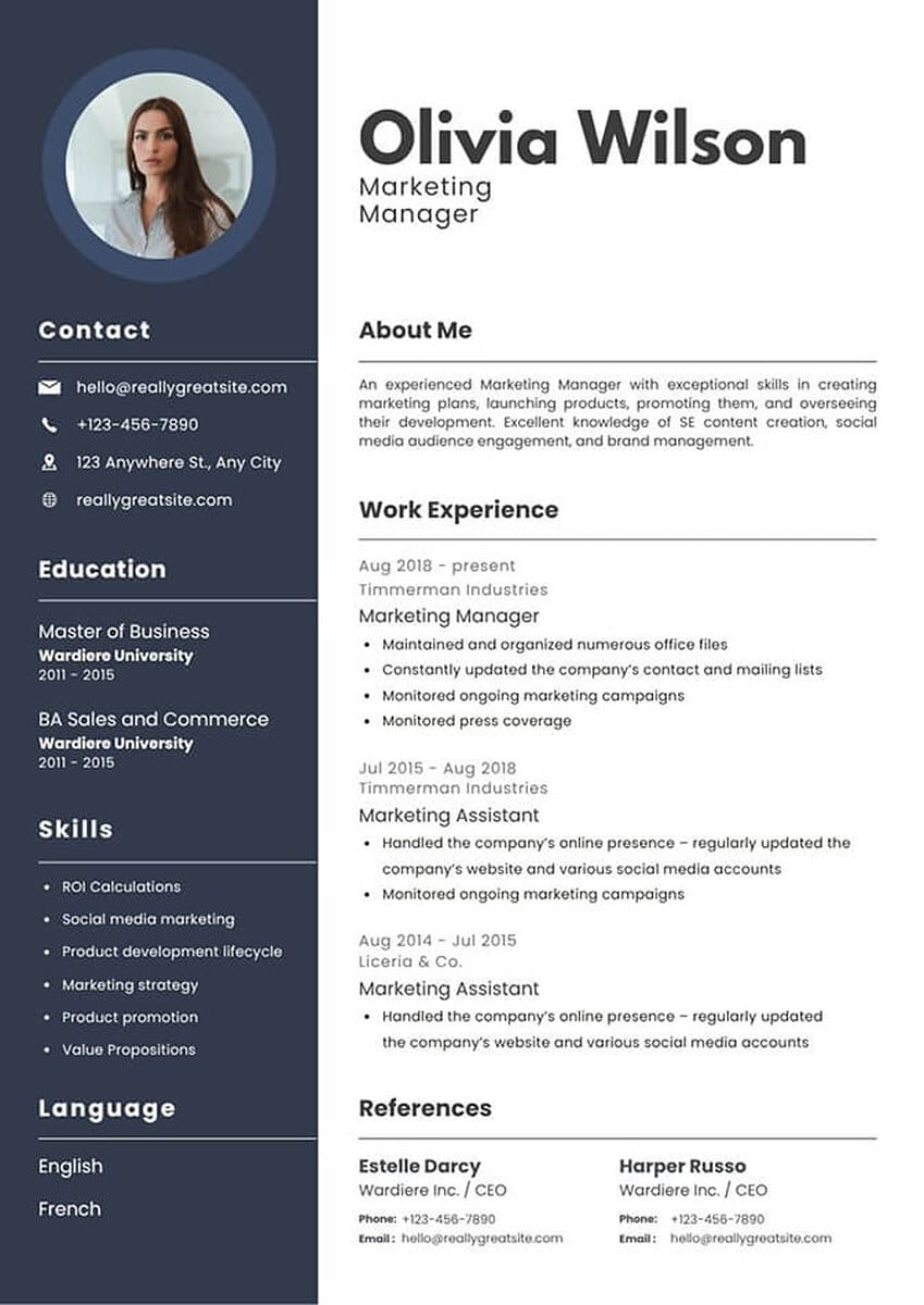Sidebar CV photo example: a two-column CV template with a circular headshot of a woman in a light shirt at the top of a dark navy left column holding contact details, education, skills, and languages, beside a white main column of work experience.