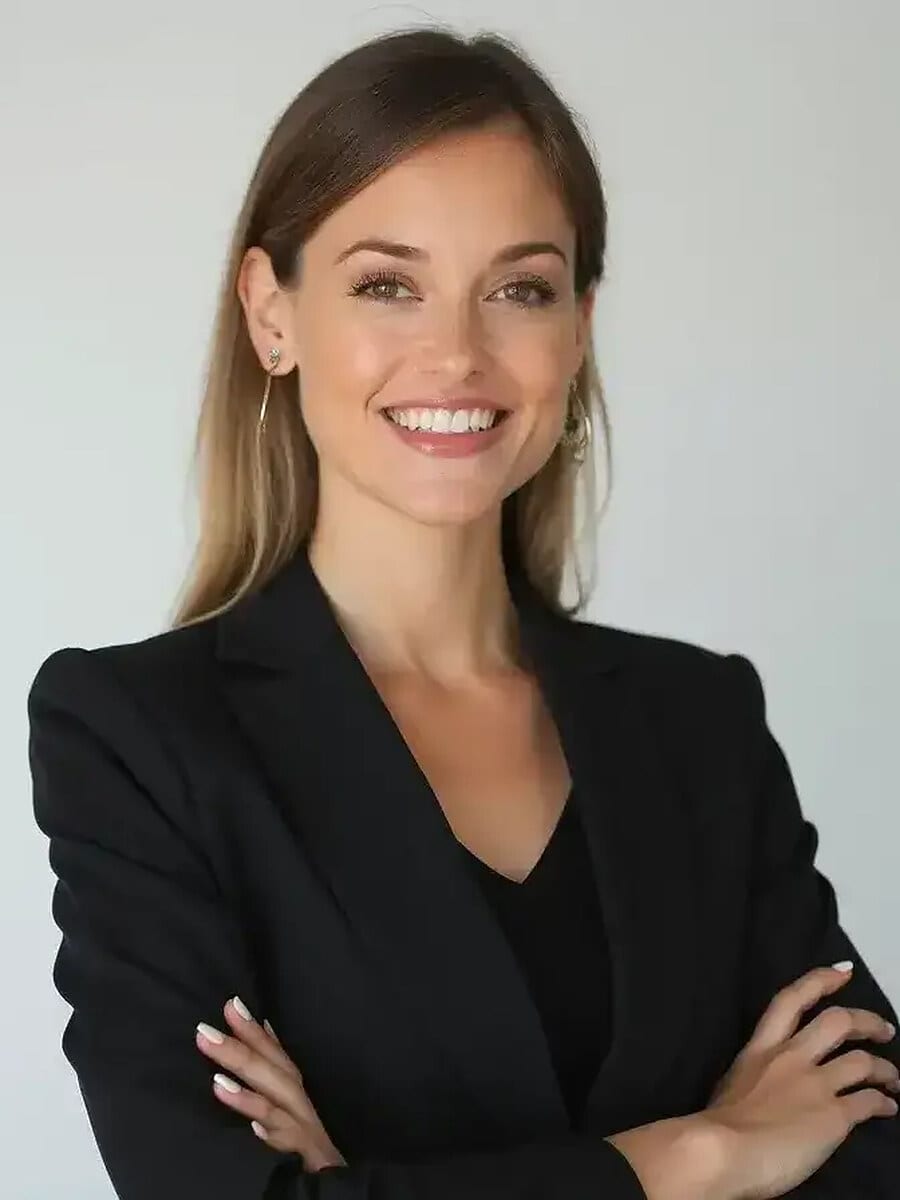 AI-generated CV photo example: woman in a black blazer with arms crossed against a plain white background, shoulders-up crop