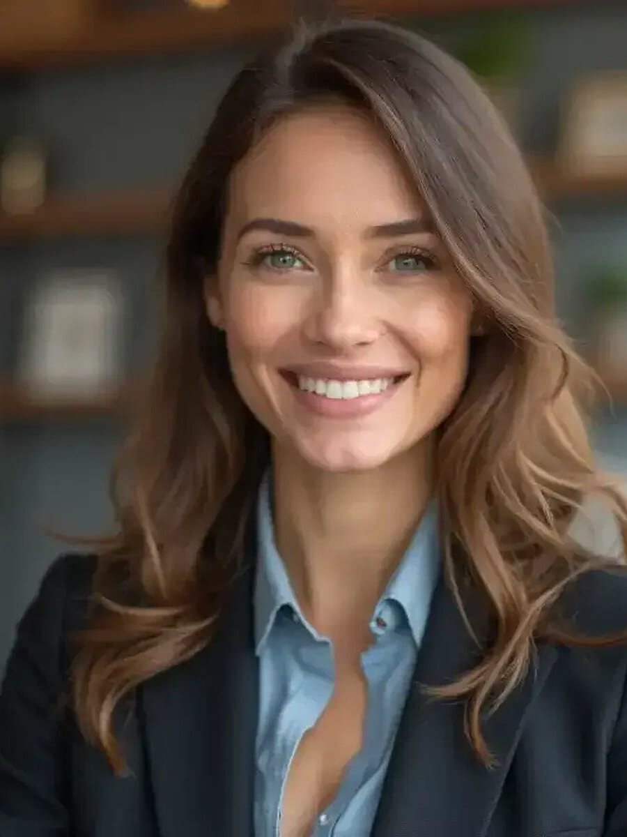 AI-generated CV photo example: woman in a navy blazer over a light blue shirt against a softly blurred office background