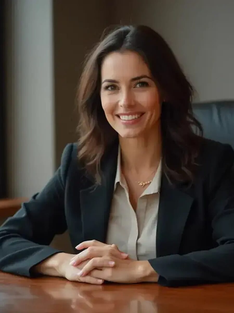 AI-generated CV photo example: woman in a black blazer seated at an office table, a relaxed corporate CV picture