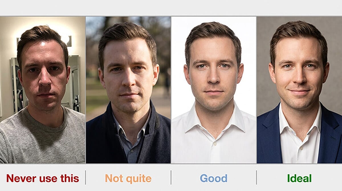 Four CV photo examples of the same man ranked from worst to best: a harshly lit bathroom selfie labelled never use this, an outdoor photo with a distracting background labelled not quite, a plain white-background headshot in a white shirt labelled good, and a studio headshot in a navy suit on a soft grey background labelled ideal.