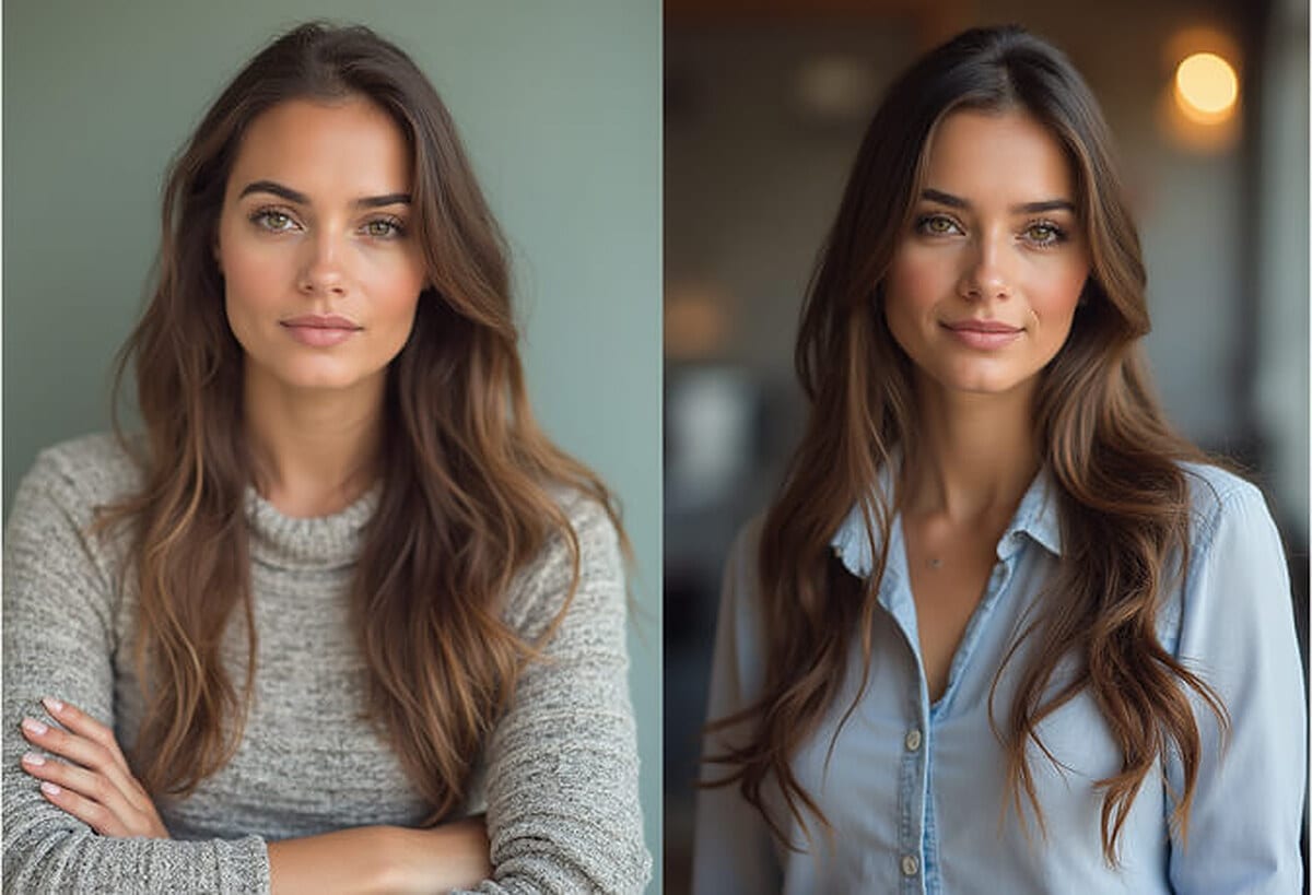 Two CV photo examples side by side: a woman in a grey knit sweater against a plain sage background on the left, and the same woman in a light blue collared shirt against a softly blurred office background on the right, both cropped from the shoulders up with the face centred.