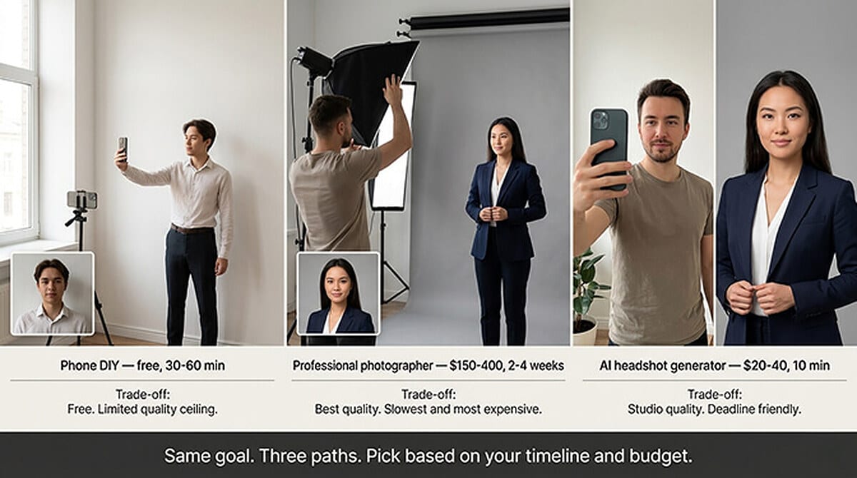 Three ways to get a CV photo compared side by side: a man taking a phone self-portrait at home labelled free and 30 to 60 minutes, a photographer shooting a woman on a studio backdrop labelled 150 to 400 dollars and 2 to 4 weeks, and an AI headshot generator turning a selfie into a studio headshot labelled 20 to 40 dollars and 10 minutes.