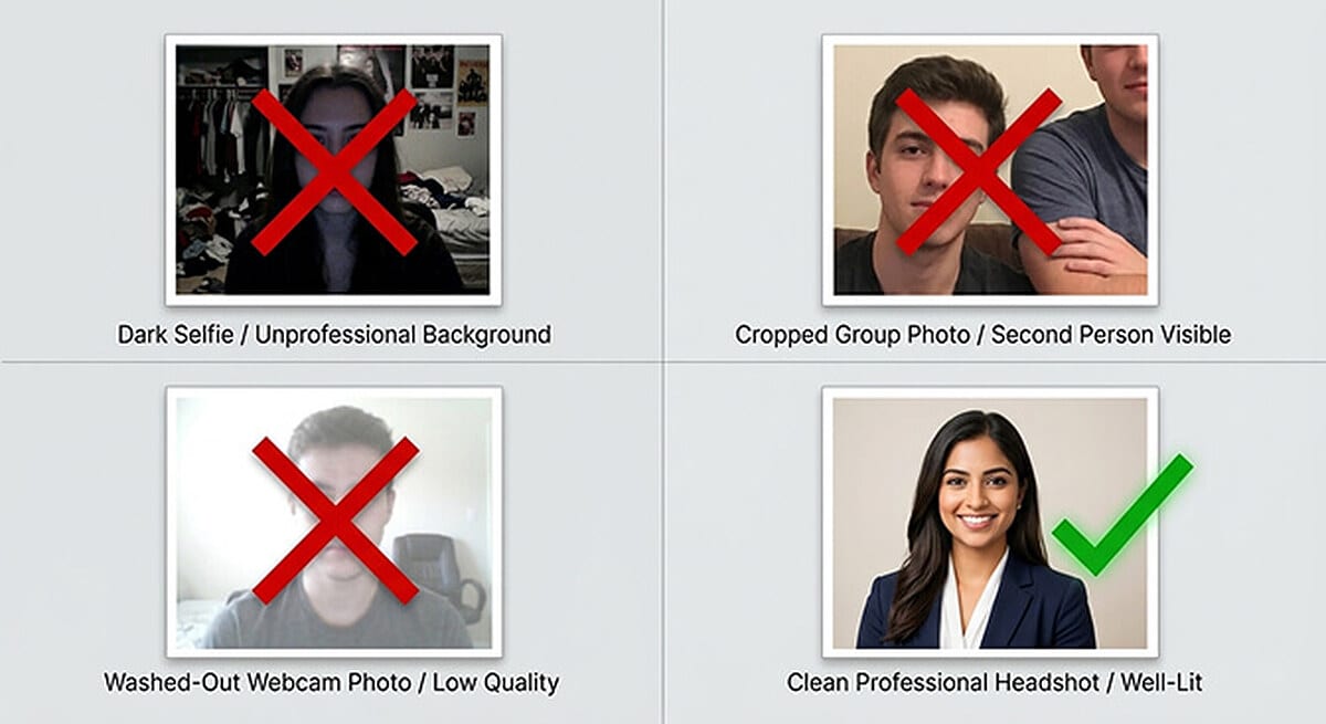 Four CV photo mistakes marked with red crosses and one correct example marked with a green tick: a dark bedroom selfie with a cluttered background, a cropped group photo with a second person's arm still visible, a washed-out low-quality webcam shot, and a well-lit professional headshot of a woman in a navy blazer.