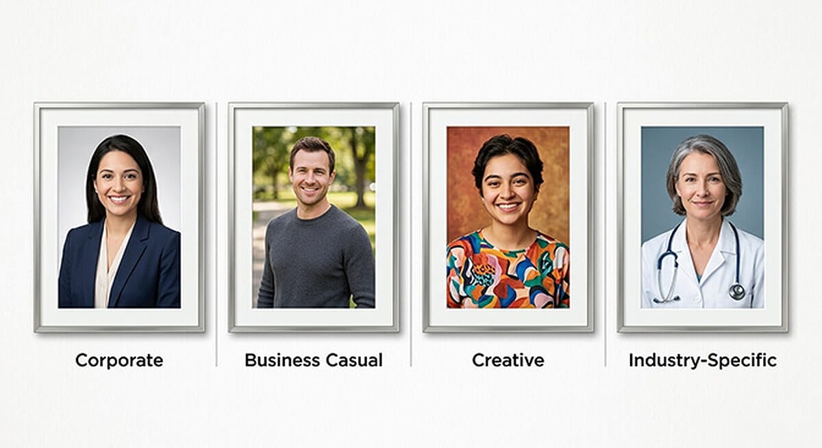 Four framed CV photo outfit examples labelled corporate, business casual, creative, and industry-specific: a woman in a navy blazer on grey, a man in a grey crew-neck sweater outdoors, a woman in a bright patterned top on a warm background, and a doctor in a white coat with a stethoscope on blue.