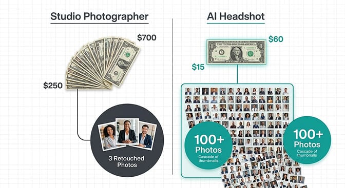Cost comparison chart showing photographer headshot pricing from 250 to 700 dollars versus AI headshot generators at 15 to 60 dollars