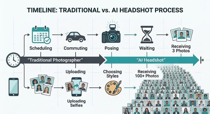 Comparison of traditional photographer headshot session experience versus AI headshot generator results showing cost and time differences