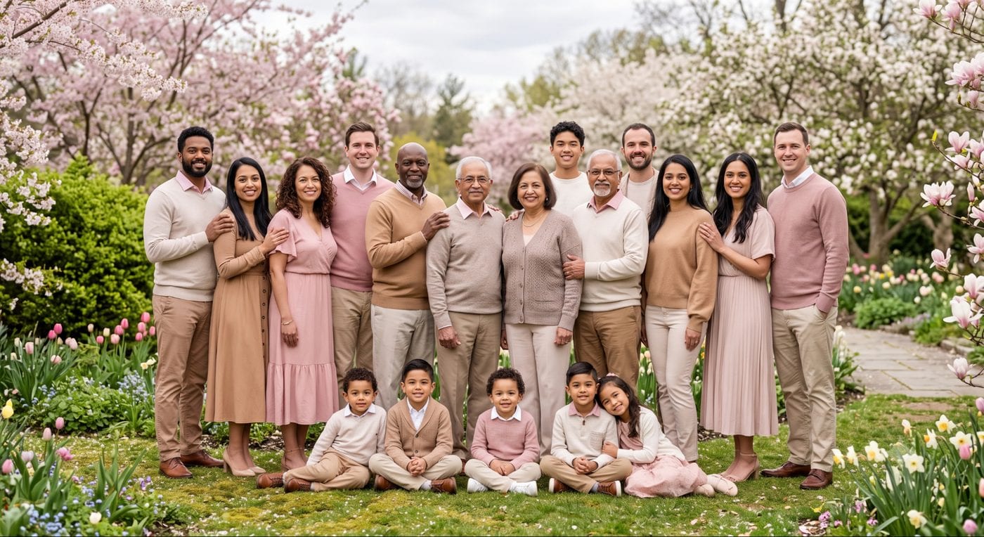 Dusty pink and camel color scheme for large group family photos, blooming spring garden