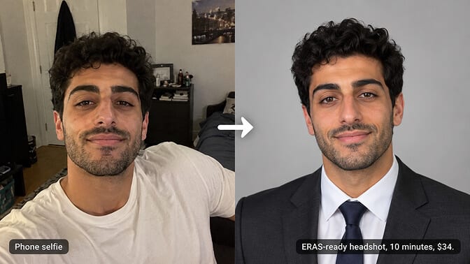 Before and after: a man with curly dark hair in a white T-shirt taking a phone selfie in a bedroom, and the same man in an AI-generated ERAS headshot wearing a charcoal suit, white shirt and navy tie on a plain gray background