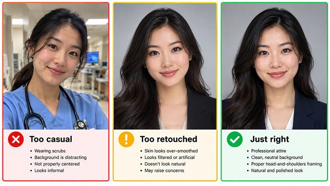 Three ERAS photo examples of the same woman: a selfie in scrubs with a stethoscope in a hospital hallway labeled too casual, an over-smoothed blazer headshot labeled too retouched, and a natural blazer headshot on a plain gray background labeled just right
