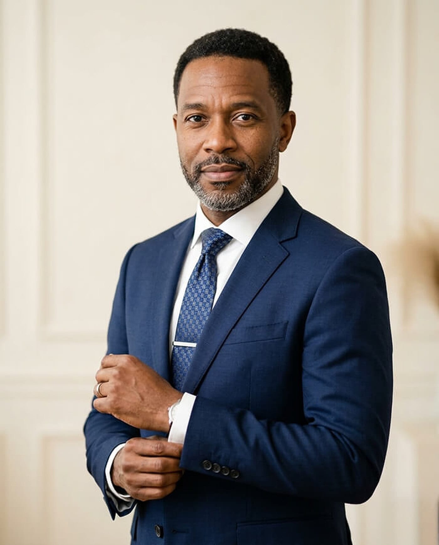 Black executive with a greying beard in a navy suit, white shirt and patterned tie standing and adjusting his shirt cuff, looking directly at the camera in a panelled interior, an authoritative leadership portrait pose.