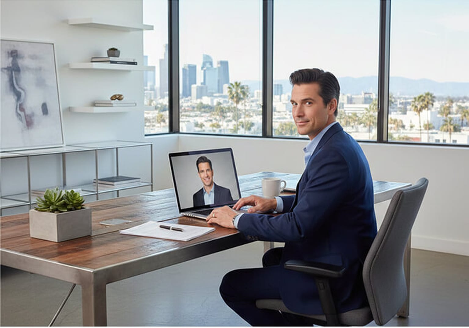 Executive in a navy suit seated at a wooden desk with his body angled away from the camera and his head turned back to the lens, floor-to-ceiling windows and a city skyline behind him, a senior leadership portrait pose.