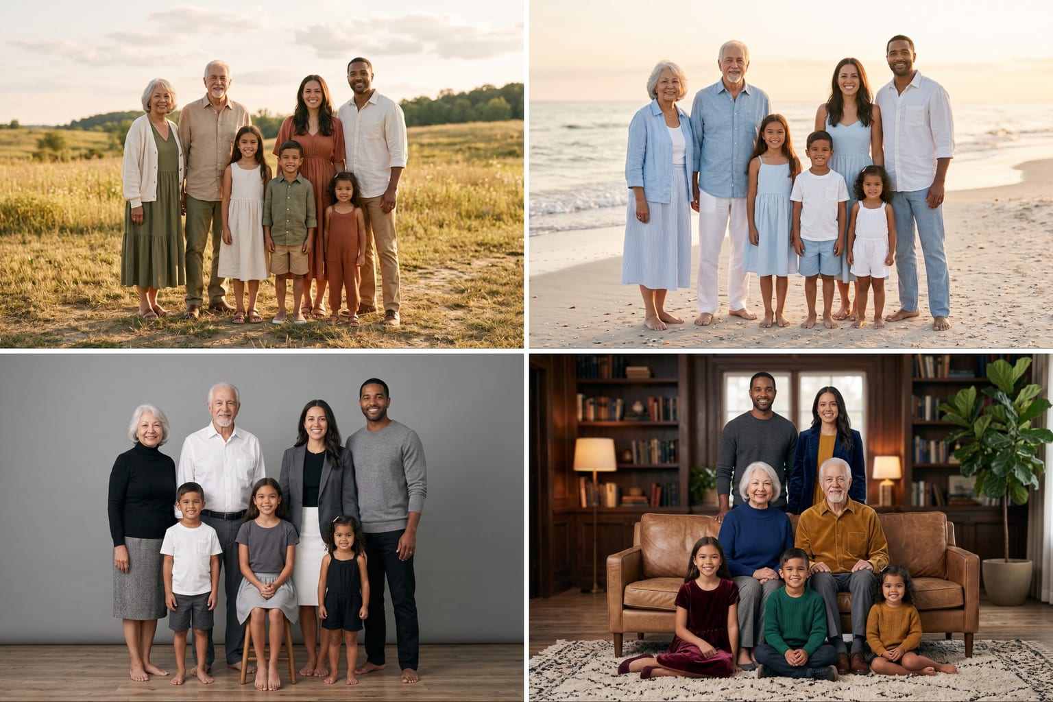 Four large family group photos side by side showing color schemes for an open field, a beach, a grey studio backdrop and a living room