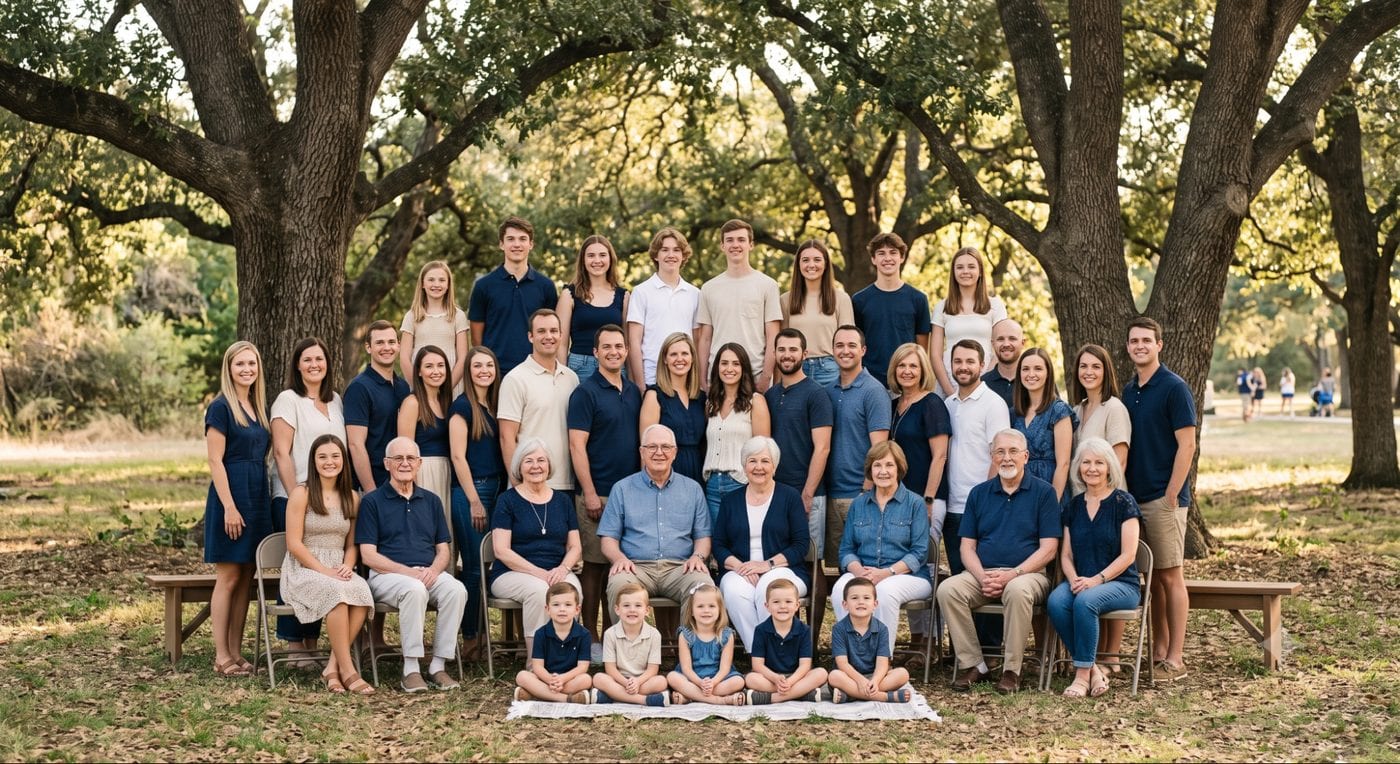 Navy, cream and denim color scheme for a large family reunion photo, thirty-five people under oak trees