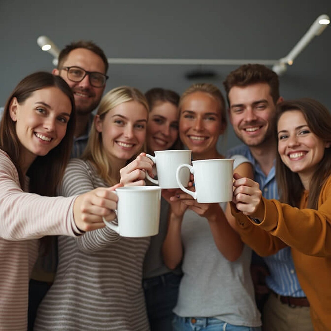 Six colleagues leaning into frame and raising white coffee mugs toward the centre of the shot, all smiling at the camera.