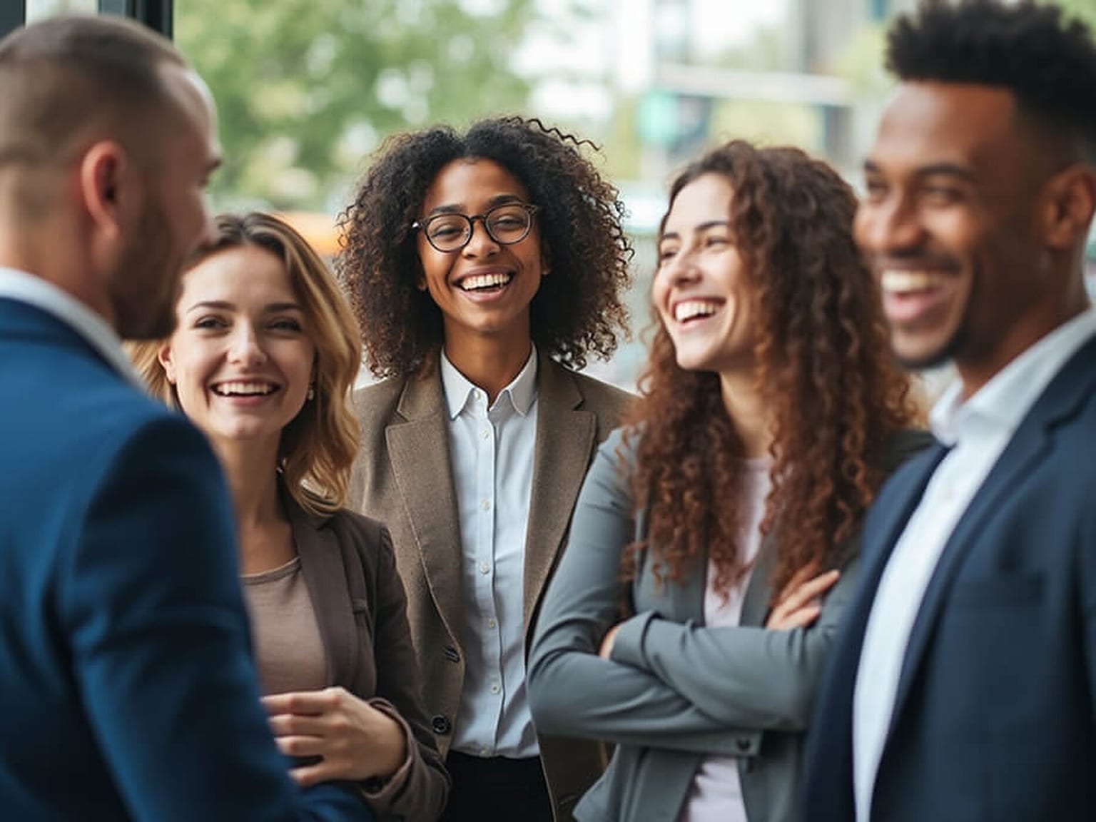 Five colleagues standing in a loose circle in an office, laughing genuinely at something said off-camera, shot from just outside the group.