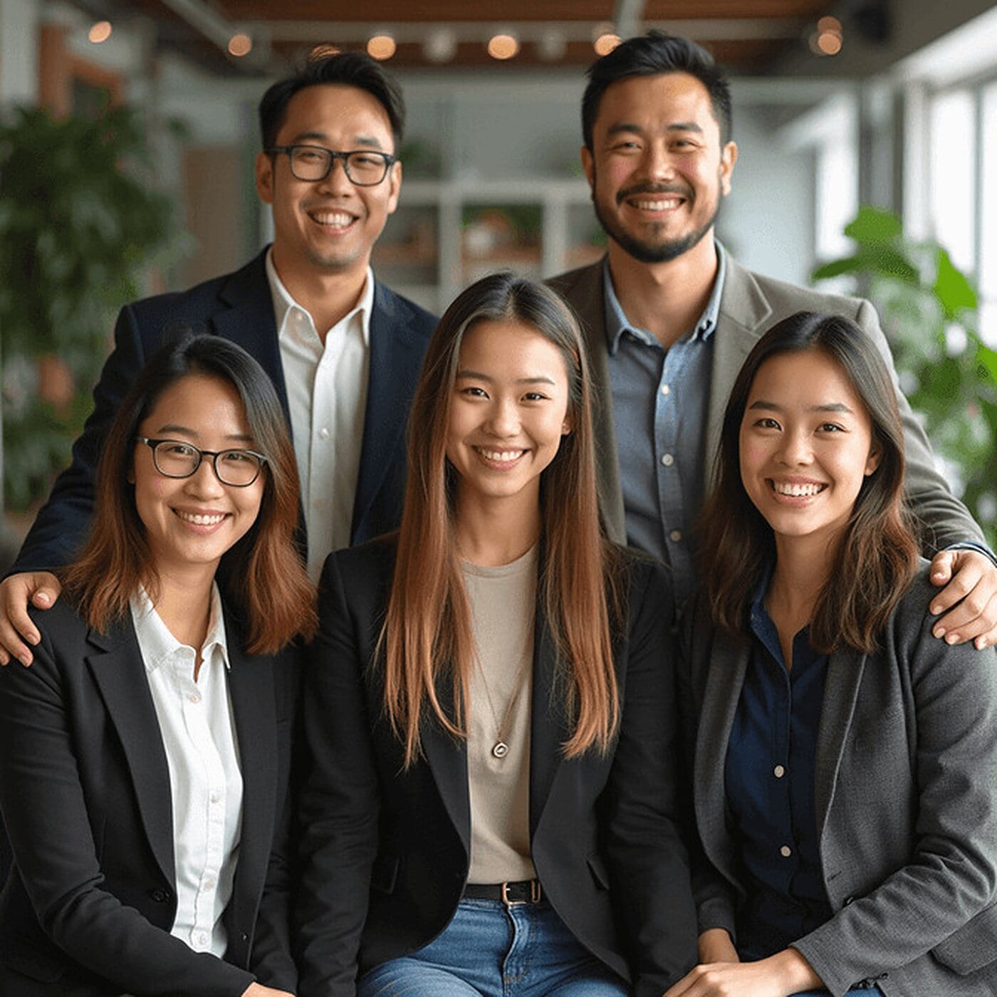 Six colleagues in an office standing in two close rows with arms around each other's shoulders, leaning inward and smiling at the camera.