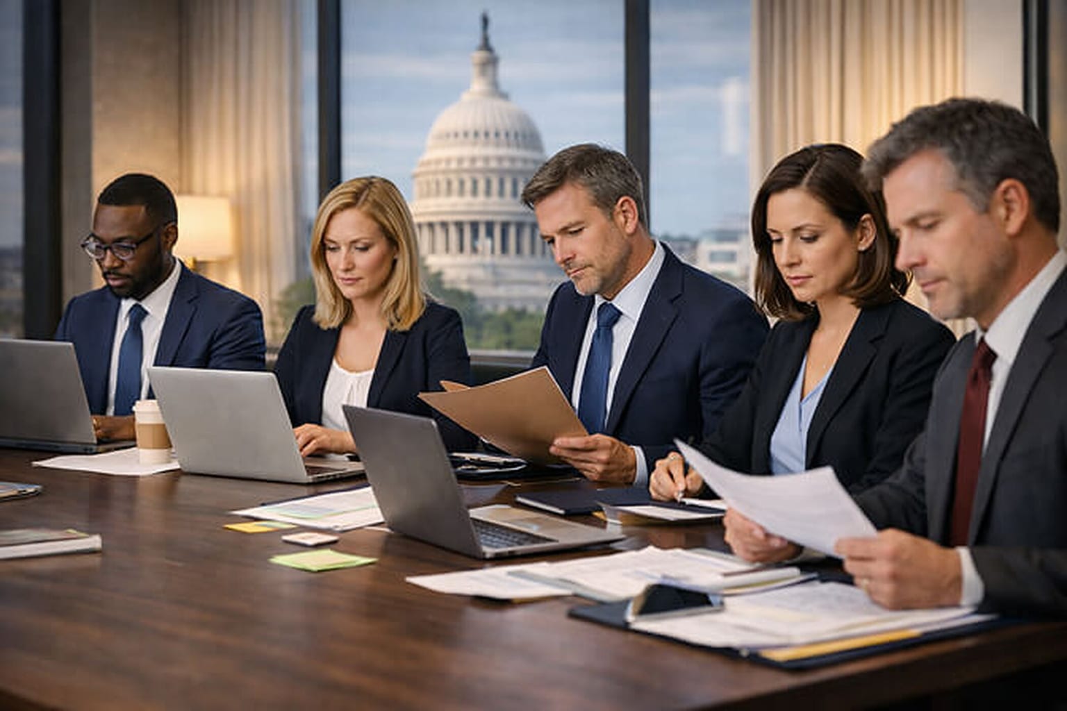 Five people in formal suits seated at a long boardroom table with laptops and papers, straight-faced, with a domed capitol building visible through the window behind them.