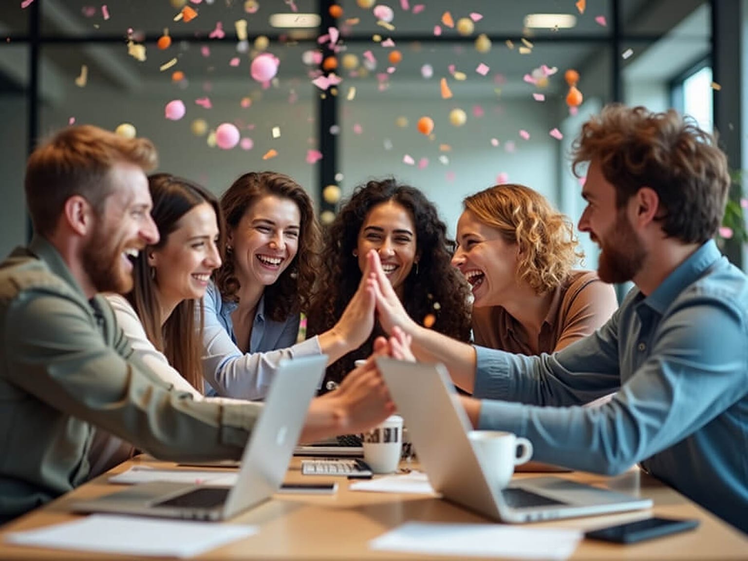Five colleagues around a laptop in an office mid high-five and laughing, with confetti falling through the frame.