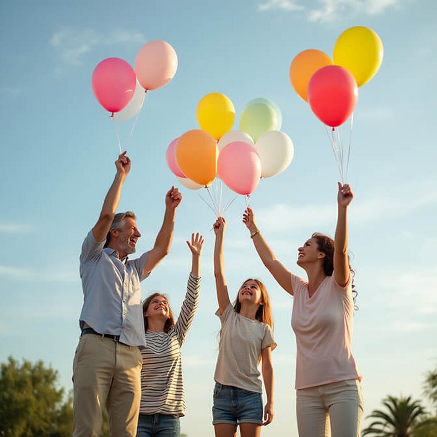Five people standing on grass outdoors holding bunches of coloured balloons up against a blue sky, laughing and looking upward.
