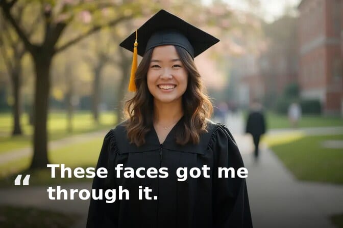 Graduation caption for friends: graduate in cap and gown on a tree-lined campus path, captioned “These faces got me through it.”