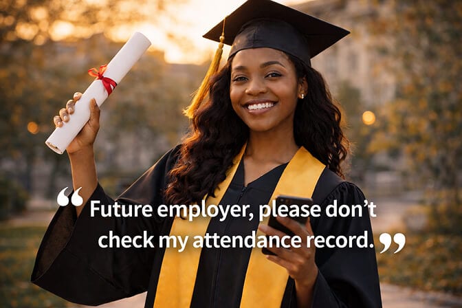 Graduation picture caption example: woman in a black cap and gown holding a rolled diploma, captioned “Future employer, please don’t check my attendance record.”