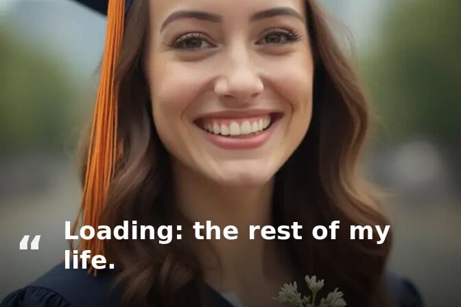 Inspirational graduation caption example: close-up of a smiling graduate in a navy gown with an orange stole, captioned “Loading: the rest of my life.”