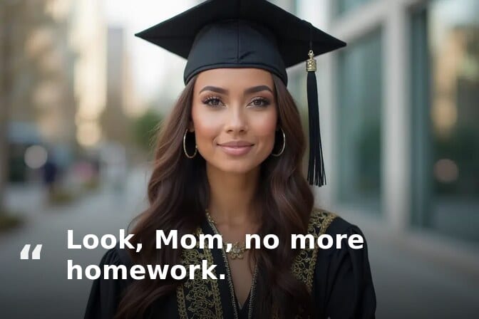 Graduation caption for family: graduate in a black cap and gown on a city street, captioned “Look, Mom, no more homework.”