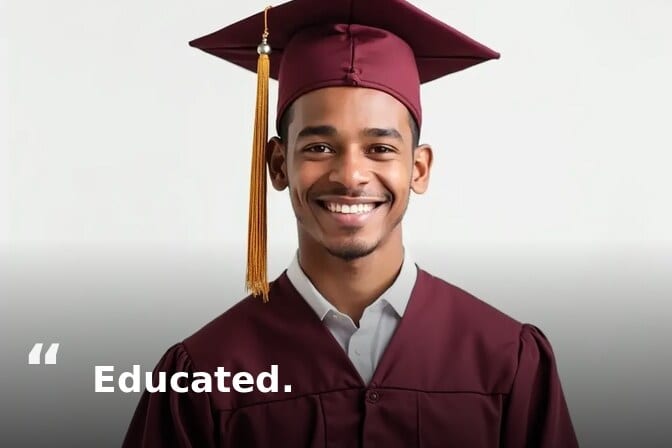 One-word graduation caption example: graduate in a maroon cap and gown against a plain background, captioned “Educated.”