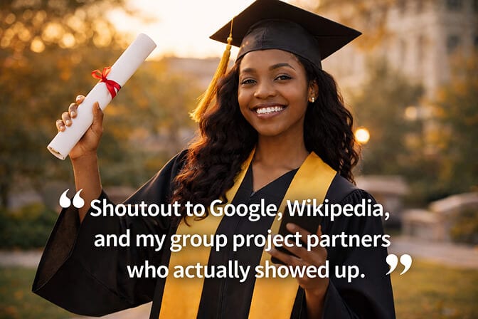 Funny graduation caption example: graduate laughing in cap and gown holding a diploma, captioned “Shoutout to Google, Wikipedia, and my group project partners who actually showed up.”