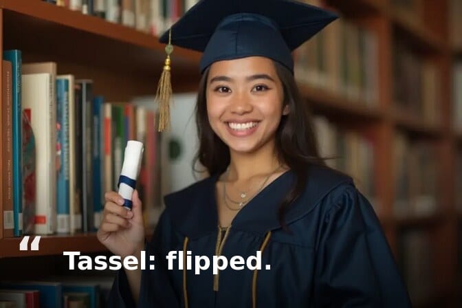 Graduation pictorial caption example: graduate in a navy cap and gown holding a diploma in a library, captioned “Tassel: flipped.”