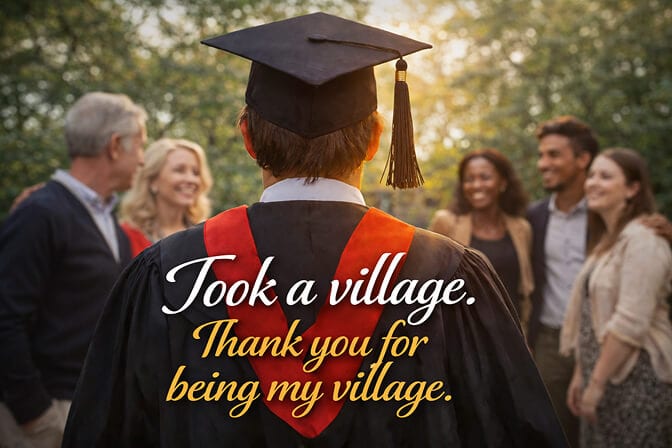 Emotional graduation caption example: graduate photographed from behind walking toward family, captioned “Took a village. Thank you for being my village.”