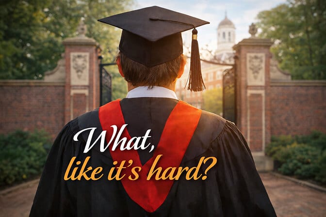 Pop culture graduation caption example: graduate photographed from behind at a campus gate in cap and gown, captioned “What, like it’s hard?”