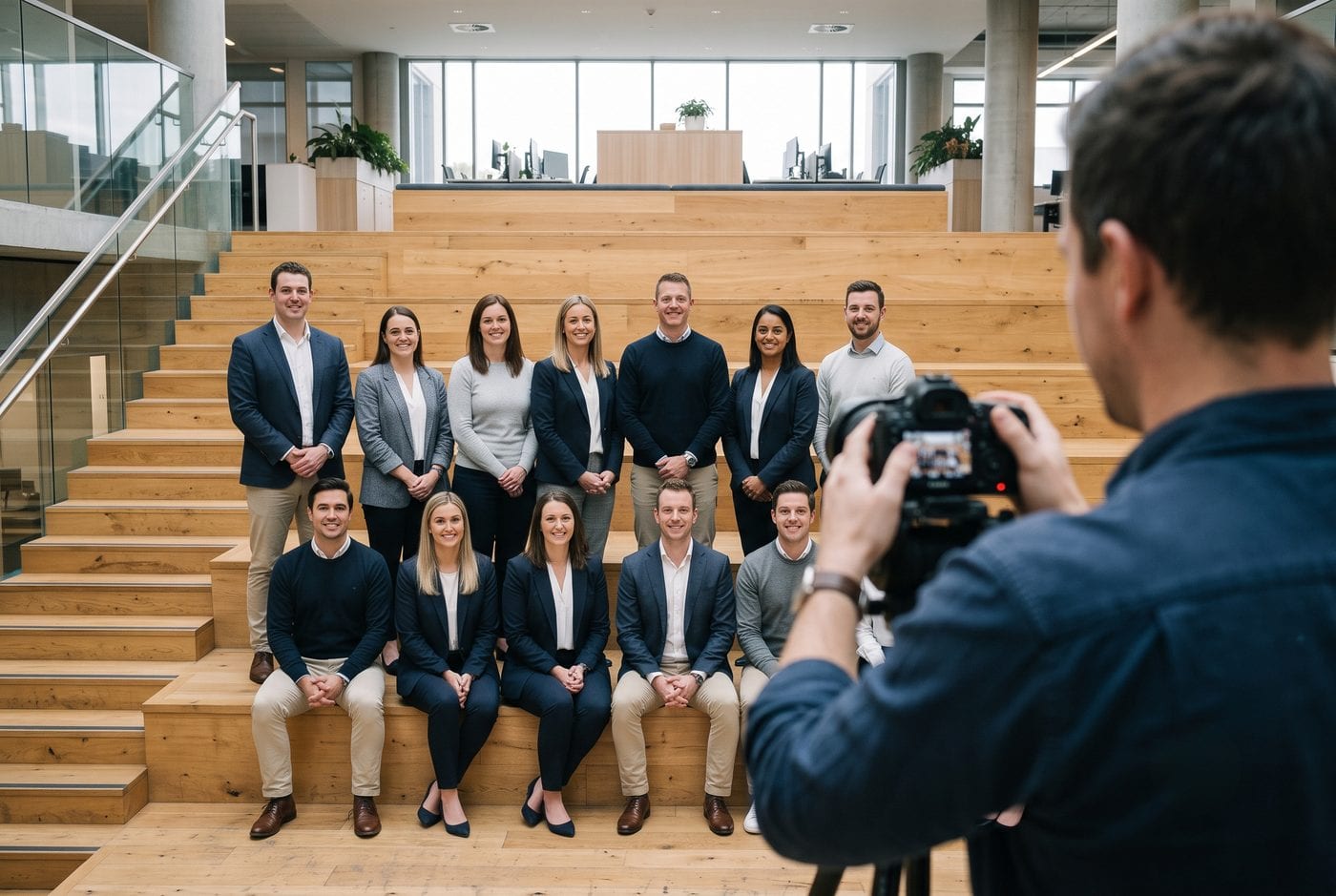 Photographer in the foreground holding a DSLR, out of focus, photographing a team of twelve arranged in two rows on office steps with every face in the group sharp.