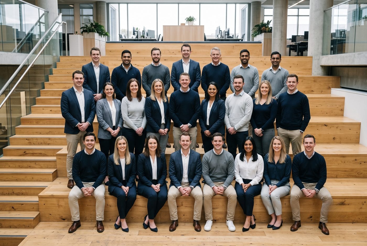 Team of about twenty-two colleagues arranged in three tiered rows on wide timber amphitheatre steps in an office atrium, wearing navy, grey and white business casual.