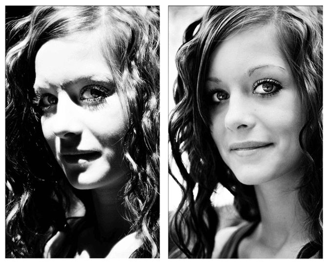 The same woman photographed twice, once under harsh directional light that casts hard shadows across her eyes and face and once under soft even light where her features read clearly.