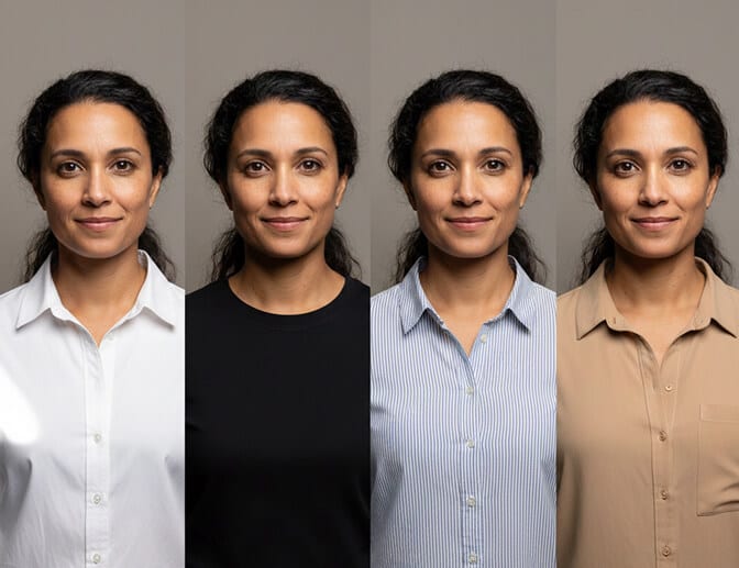 Examples of colors to avoid in professional headshots including pure white neon and busy patterns
