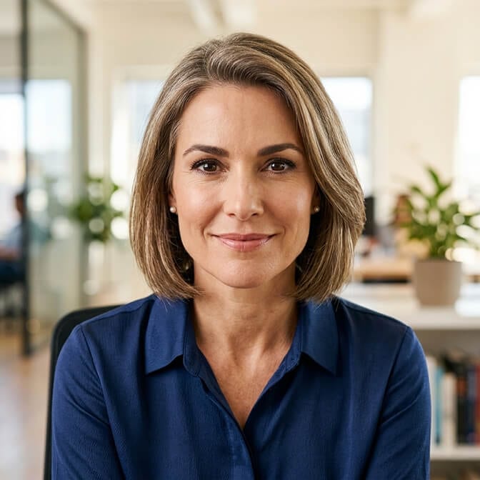 Woman in an office with a flattering headshot angle, camera at eye level and a soft, confident expression