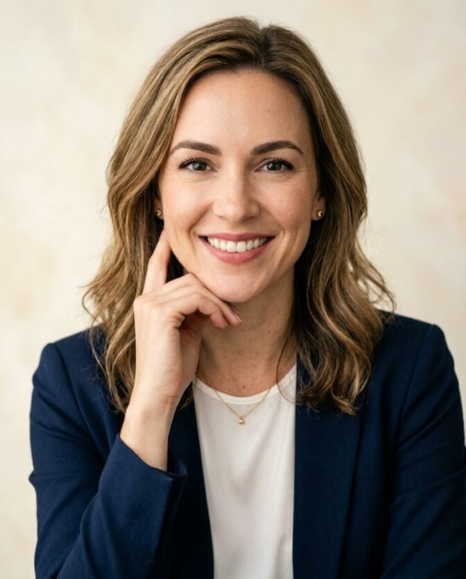 Woman resting her fingers lightly near her chin, showing how to use a hand near the face in a headshot without overdoing it