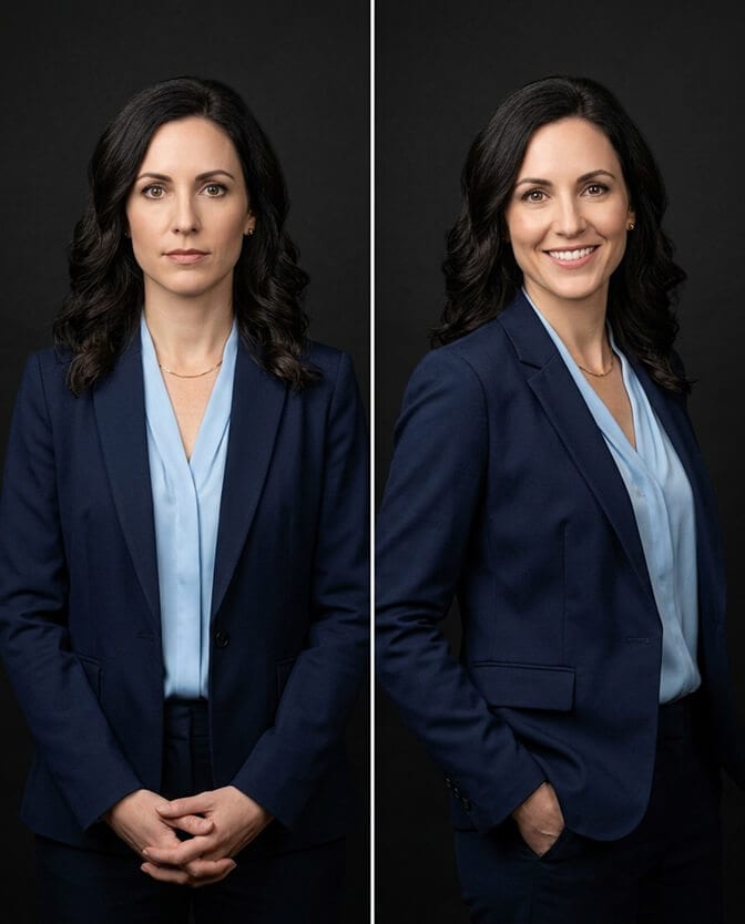 Side-by-side comparison of the same woman squared stiffly to the camera versus a relaxed three-quarter turn, showing how a slight angle is more flattering