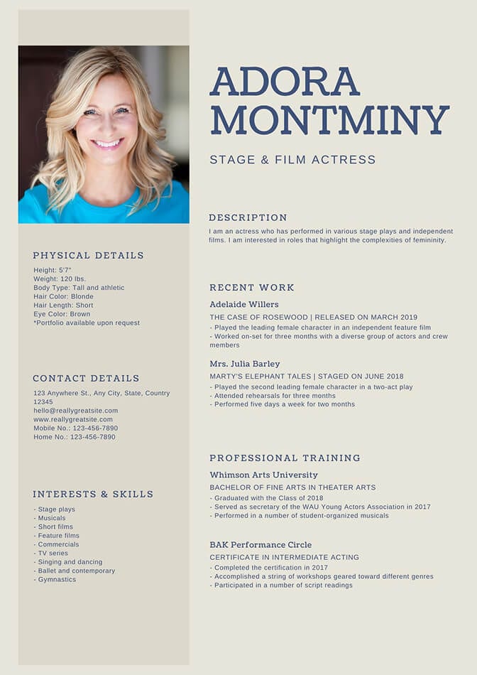 actress resume template featuring professional headshot