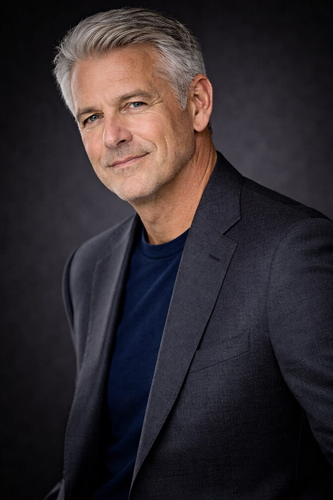 Man over 50 demonstrating the slight body turn pose for a powerful headshot