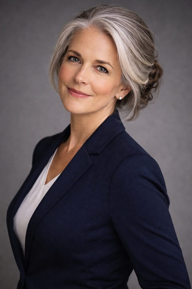 Woman demonstrating the slight body angle pose for a flattering headshot