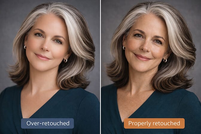 Side-by-side comparison of over-retouched versus naturally edited headshot of a woman over 50