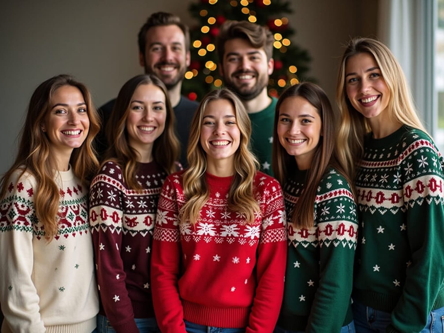 Seven colleagues standing shoulder to shoulder in coordinated red, green, and cream patterned Christmas sweaters, with a lit tree blurred behind them.
