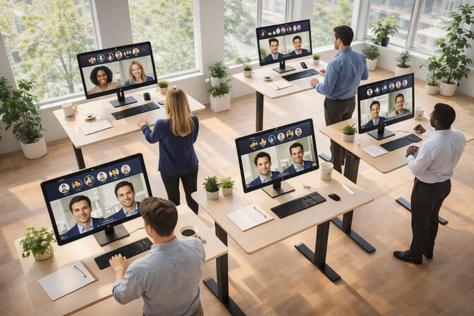 Overhead view of a bright office with several desks whose monitors each display a remote colleague on a video call, with in-office staff standing and seated nearby.