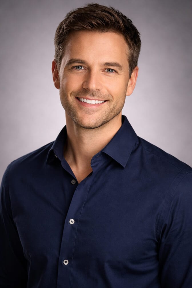 Side by side comparison of a tech professional headshot in business casual versus a finance professional in formal suit
