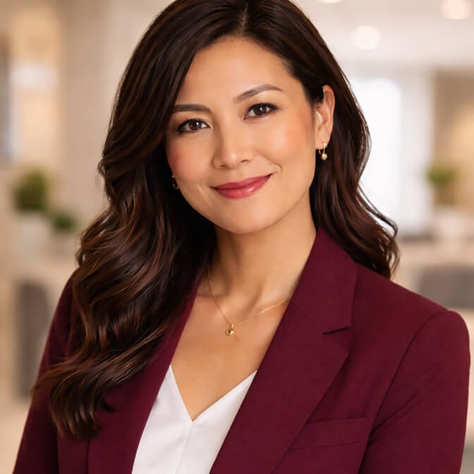 Professional AI headshot of a woman in a burgundy blazer and white top against a soft blurred office background