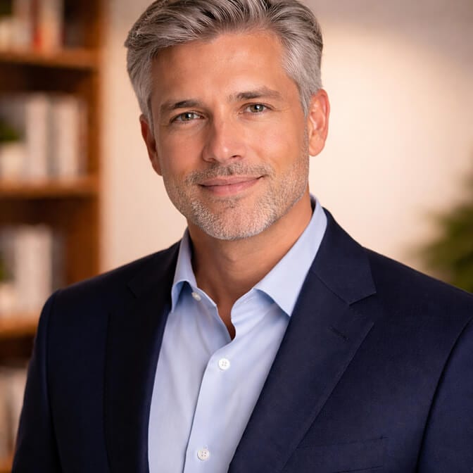 Professional AI headshot of a mature man with gray hair in a navy blazer and light blue shirt against a warm blurred background