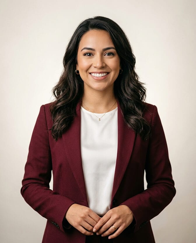 Professional AI headshot of a woman in a burgundy blazer and white top against a neutral background